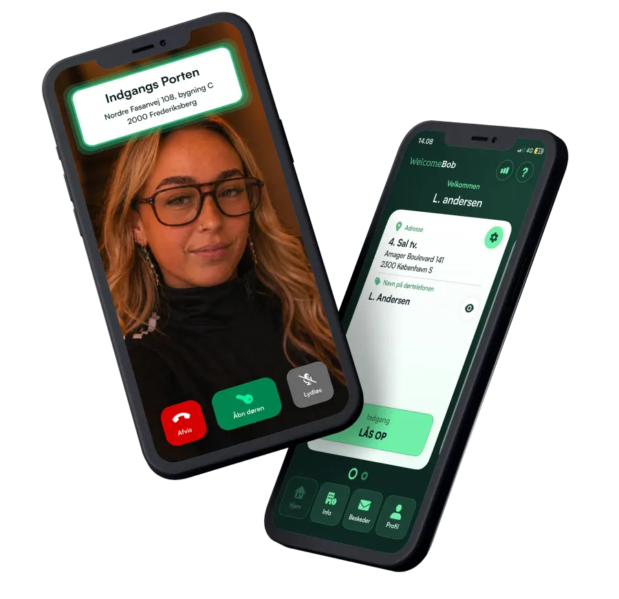 WelcomeBob app: home screen and incoming video call from intercom